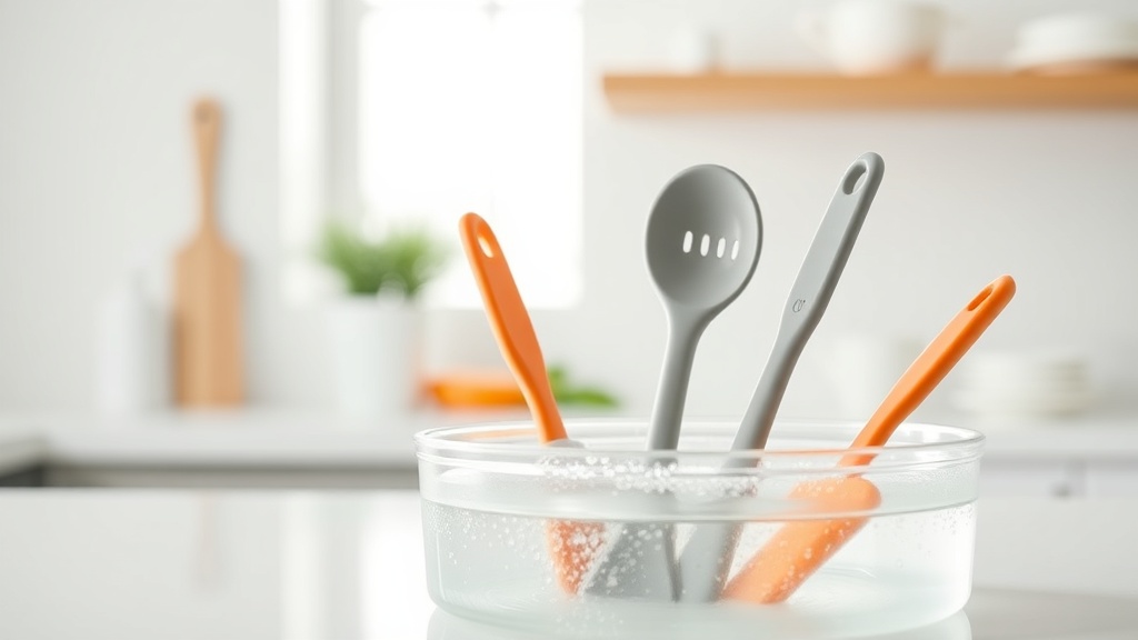 실리콘 조리 도구를 끓는 물에 소독하여 위생적으로 관리하는 주방의 모습