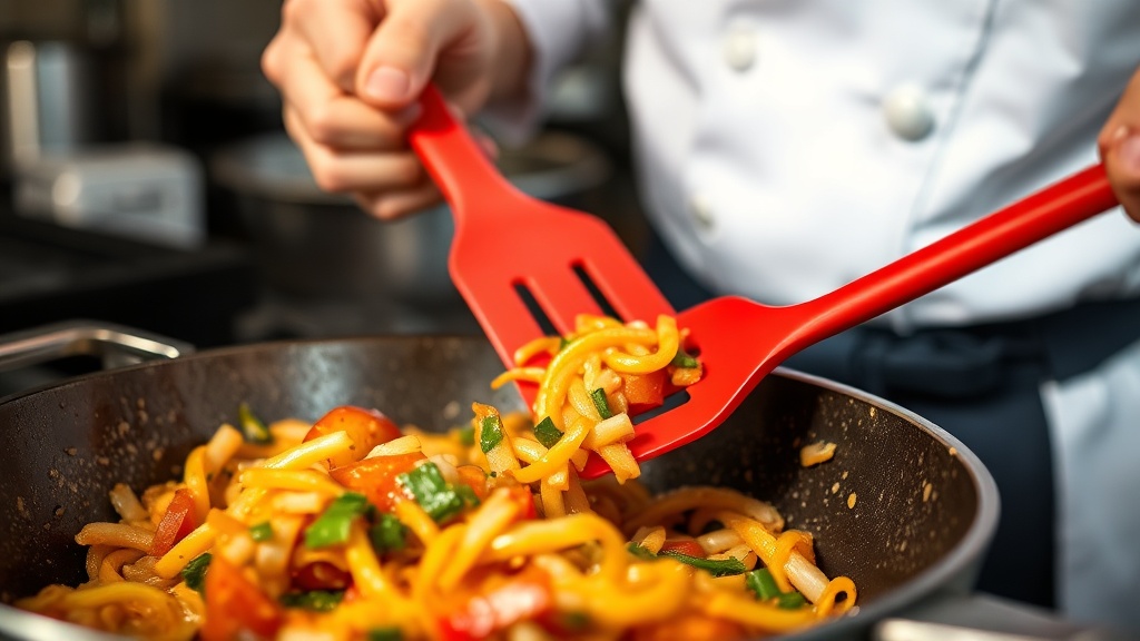 뜨거운 프라이팬 위에서 붉은색 실리콘 주걱을 사용하여 식재료를 볶고 있는 조리 과정